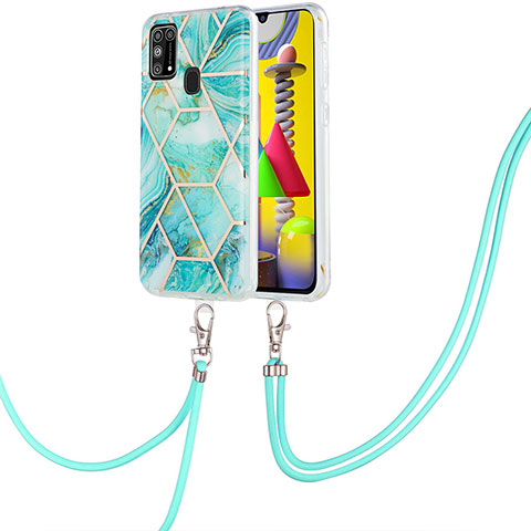 Funda Silicona Gel Goma Patron de Moda Carcasa con Acollador Cordon Lanyard Y01B para Samsung Galaxy M31 Prime Edition Menta Verde