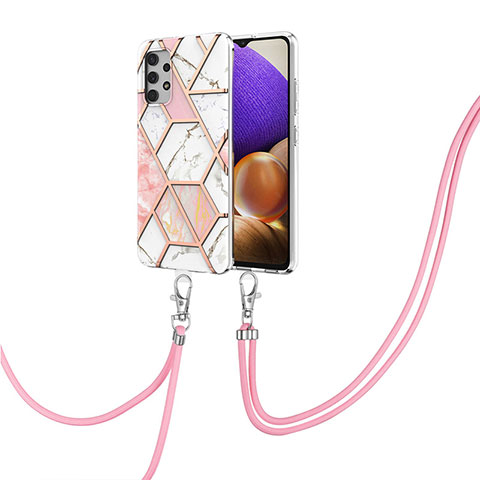 Funda Silicona Gel Goma Patron de Moda Carcasa con Acollador Cordon Lanyard Y01B para Samsung Galaxy M32 5G Rosa