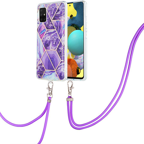 Funda Silicona Gel Goma Patron de Moda Carcasa con Acollador Cordon Lanyard Y01B para Samsung Galaxy M40S Morado