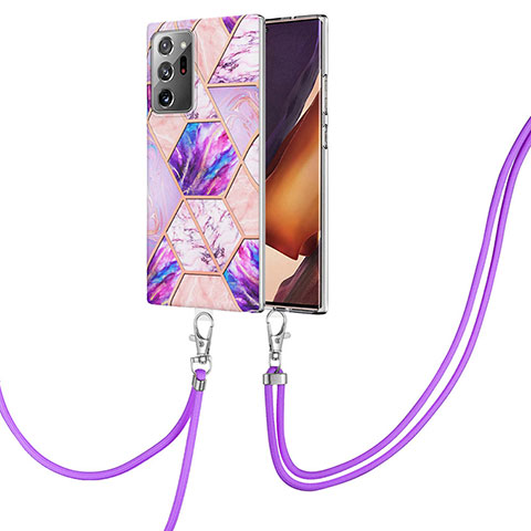 Funda Silicona Gel Goma Patron de Moda Carcasa con Acollador Cordon Lanyard Y01B para Samsung Galaxy Note 20 Ultra 5G Purpura Claro