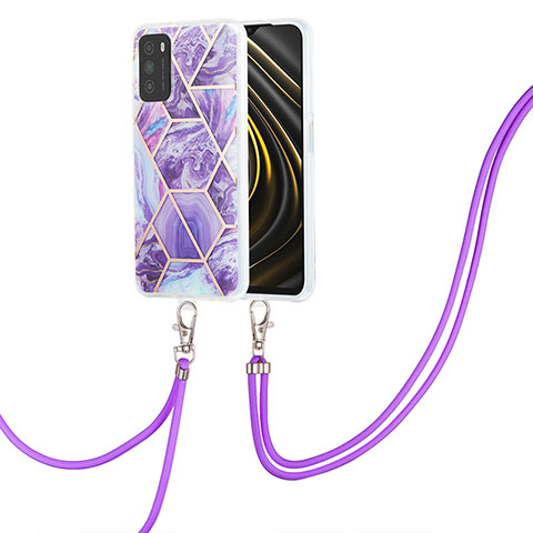 Funda Silicona Gel Goma Patron de Moda Carcasa con Acollador Cordon Lanyard Y01B para Xiaomi Poco M3 Morado