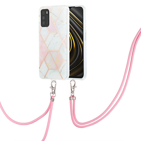 Funda Silicona Gel Goma Patron de Moda Carcasa con Acollador Cordon Lanyard Y01B para Xiaomi Poco M3 Rosa