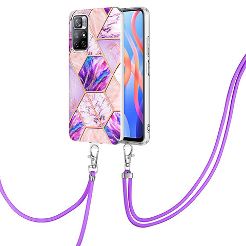 Funda Silicona Gel Goma Patron de Moda Carcasa con Acollador Cordon Lanyard Y01B para Xiaomi Poco M4 Pro 5G Purpura Claro