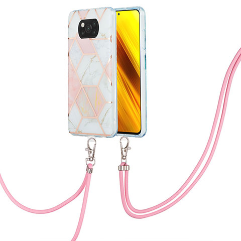 Funda Silicona Gel Goma Patron de Moda Carcasa con Acollador Cordon Lanyard Y01B para Xiaomi Poco X3 NFC Rosa