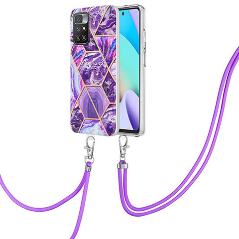 Funda Silicona Gel Goma Patron de Moda Carcasa con Acollador Cordon Lanyard Y01B para Xiaomi Redmi 10 (2022) Morado