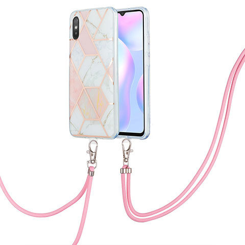 Funda Silicona Gel Goma Patron de Moda Carcasa con Acollador Cordon Lanyard Y01B para Xiaomi Redmi 9A Rosa