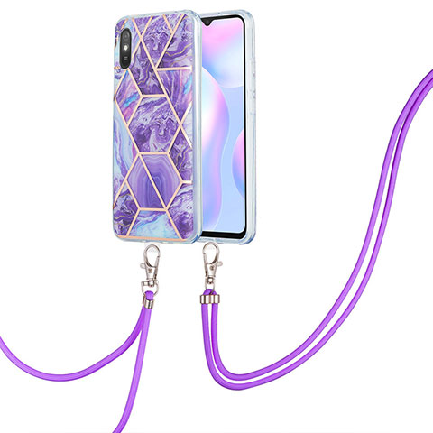 Funda Silicona Gel Goma Patron de Moda Carcasa con Acollador Cordon Lanyard Y01B para Xiaomi Redmi 9i Morado