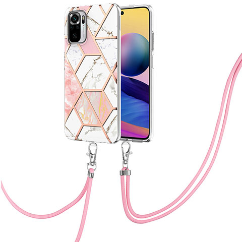 Funda Silicona Gel Goma Patron de Moda Carcasa con Acollador Cordon Lanyard Y01B para Xiaomi Redmi Note 10S 4G Rosa