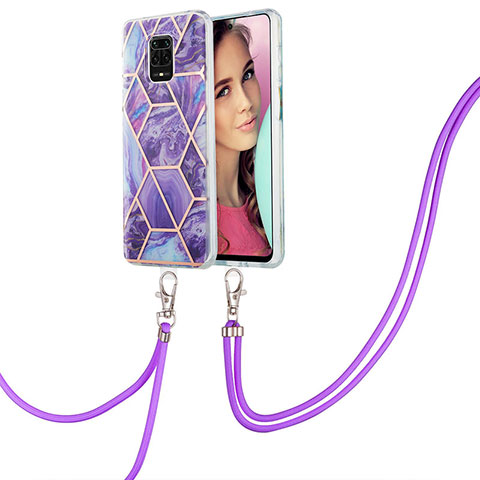 Funda Silicona Gel Goma Patron de Moda Carcasa con Acollador Cordon Lanyard Y01B para Xiaomi Redmi Note 9 Pro Max Morado