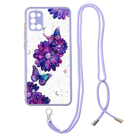 Funda Silicona Gel Goma Patron de Moda Carcasa con Acollador Cordon Lanyard Y01X para Samsung Galaxy A21s Morado