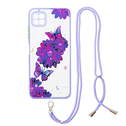 Funda Silicona Gel Goma Patron de Moda Carcasa con Acollador Cordon Lanyard Y01X para Samsung Galaxy A22s 5G Morado