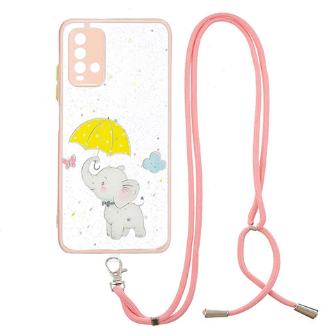 Funda Silicona Gel Goma Patron de Moda Carcasa con Acollador Cordon Lanyard Y01X para Xiaomi Redmi 9 Power Amarillo