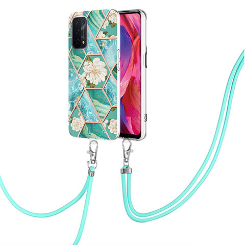 Funda Silicona Gel Goma Patron de Moda Carcasa con Acollador Cordon Lanyard Y02B para Oppo A74 5G Verde