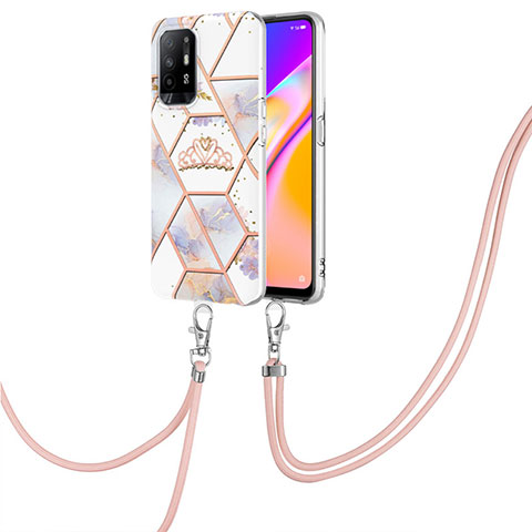 Funda Silicona Gel Goma Patron de Moda Carcasa con Acollador Cordon Lanyard Y02B para Oppo Reno5 Z 5G Gris