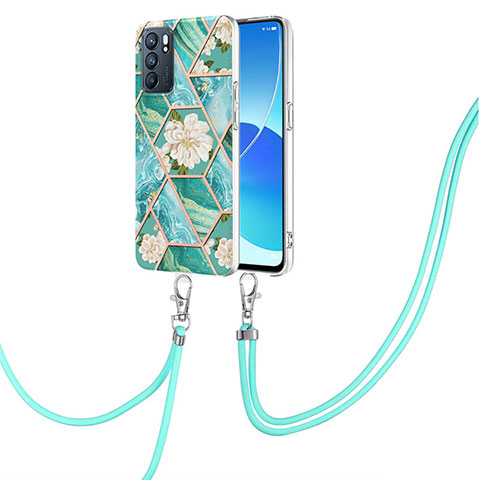 Funda Silicona Gel Goma Patron de Moda Carcasa con Acollador Cordon Lanyard Y02B para Oppo Reno6 5G Verde