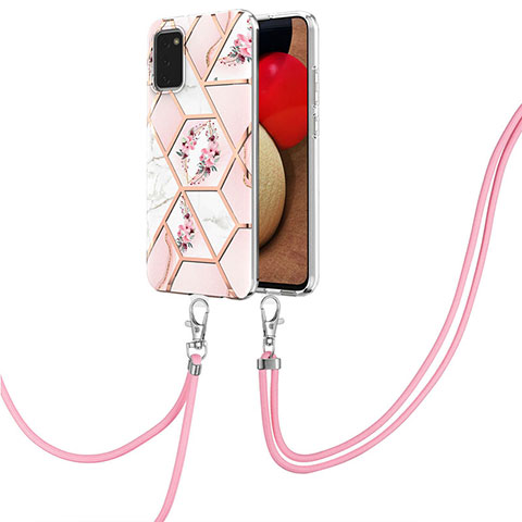 Funda Silicona Gel Goma Patron de Moda Carcasa con Acollador Cordon Lanyard Y02B para Samsung Galaxy A03s Rosa