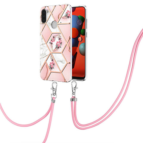 Funda Silicona Gel Goma Patron de Moda Carcasa con Acollador Cordon Lanyard Y02B para Samsung Galaxy A11 Rosa