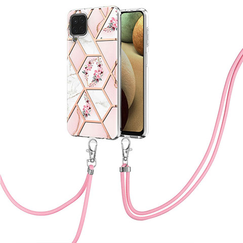 Funda Silicona Gel Goma Patron de Moda Carcasa con Acollador Cordon Lanyard Y02B para Samsung Galaxy A12 5G Rosa