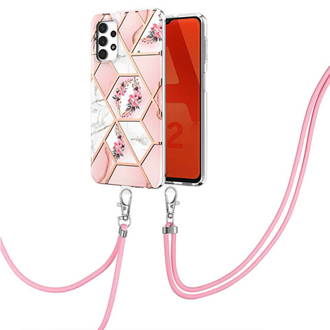 Funda Silicona Gel Goma Patron de Moda Carcasa con Acollador Cordon Lanyard Y02B para Samsung Galaxy A32 4G Rosa