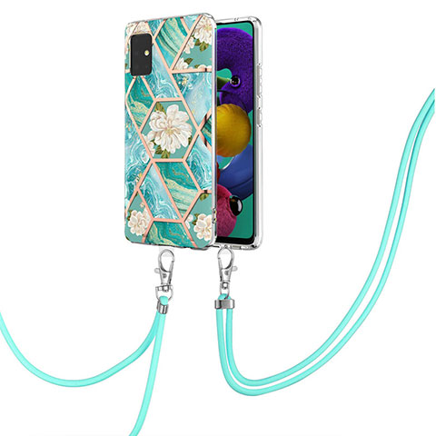 Funda Silicona Gel Goma Patron de Moda Carcasa con Acollador Cordon Lanyard Y02B para Samsung Galaxy A51 4G Verde