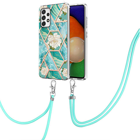 Funda Silicona Gel Goma Patron de Moda Carcasa con Acollador Cordon Lanyard Y02B para Samsung Galaxy A52 5G Verde