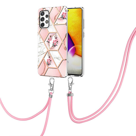 Funda Silicona Gel Goma Patron de Moda Carcasa con Acollador Cordon Lanyard Y02B para Samsung Galaxy A72 4G Rosa