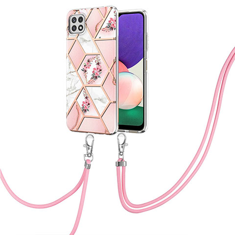 Funda Silicona Gel Goma Patron de Moda Carcasa con Acollador Cordon Lanyard Y02B para Samsung Galaxy F42 5G Rosa