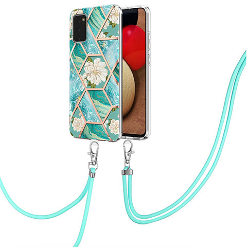 Funda Silicona Gel Goma Patron de Moda Carcasa con Acollador Cordon Lanyard Y02B para Samsung Galaxy M02s Verde