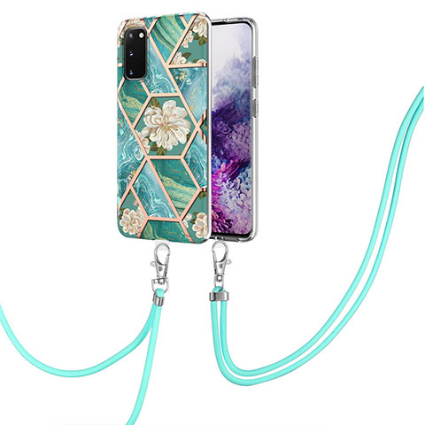 Funda Silicona Gel Goma Patron de Moda Carcasa con Acollador Cordon Lanyard Y02B para Samsung Galaxy S20 Verde