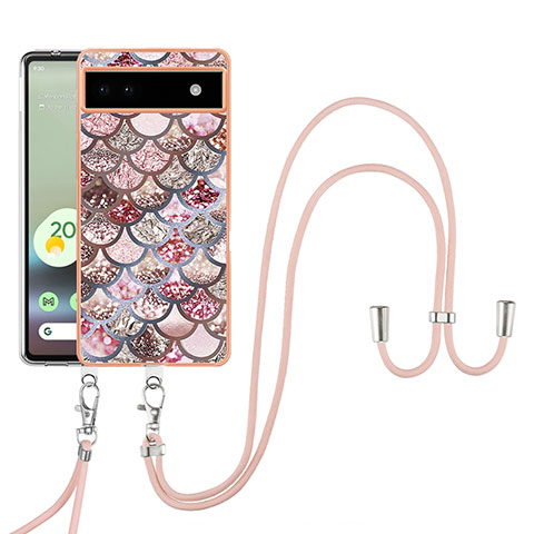 Funda Silicona Gel Goma Patron de Moda Carcasa con Acollador Cordon Lanyard Y03B para Google Pixel 6a 5G Marron