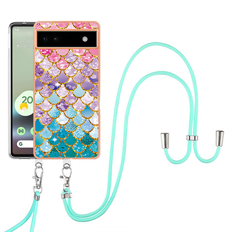 Funda Silicona Gel Goma Patron de Moda Carcasa con Acollador Cordon Lanyard Y03B para Google Pixel 6a 5G Vistoso