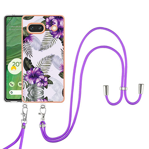 Funda Silicona Gel Goma Patron de Moda Carcasa con Acollador Cordon Lanyard Y03B para Google Pixel 7a 5G Morado