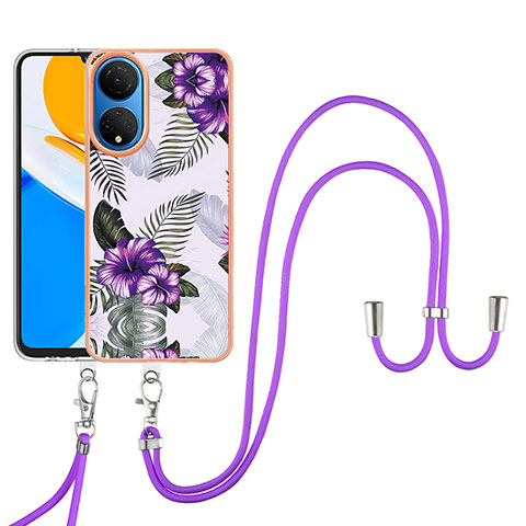 Funda Silicona Gel Goma Patron de Moda Carcasa con Acollador Cordon Lanyard Y03B para Huawei Honor X7 Morado