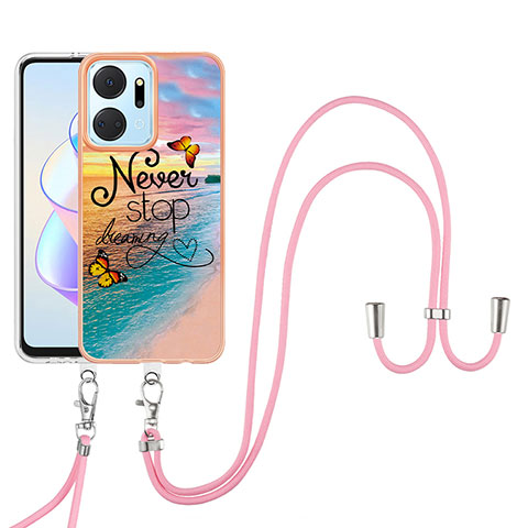 Funda Silicona Gel Goma Patron de Moda Carcasa con Acollador Cordon Lanyard Y03B para Huawei Honor X7a Multicolor