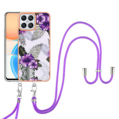 Funda Silicona Gel Goma Patron de Moda Carcasa con Acollador Cordon Lanyard Y03B para Huawei Honor X8 4G Morado