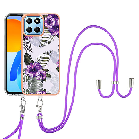 Funda Silicona Gel Goma Patron de Moda Carcasa con Acollador Cordon Lanyard Y03B para Huawei Honor X8a 5G Morado