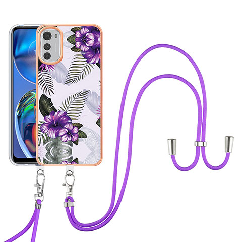 Funda Silicona Gel Goma Patron de Moda Carcasa con Acollador Cordon Lanyard Y03B para Motorola Moto E32 Morado