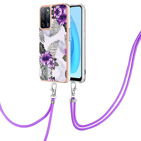 Funda Silicona Gel Goma Patron de Moda Carcasa con Acollador Cordon Lanyard Y03B para Oppo A53s 5G Morado