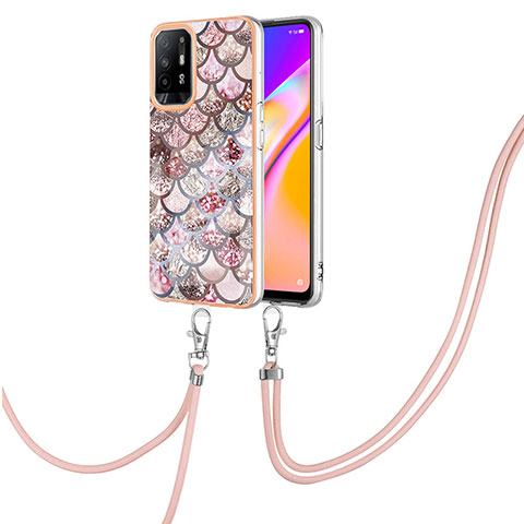 Funda Silicona Gel Goma Patron de Moda Carcasa con Acollador Cordon Lanyard Y03B para Oppo F19 Pro+ Plus 5G Marron