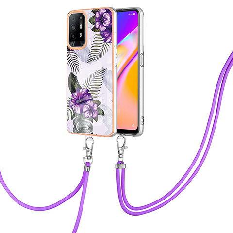 Funda Silicona Gel Goma Patron de Moda Carcasa con Acollador Cordon Lanyard Y03B para Oppo F19 Pro+ Plus 5G Morado