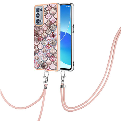 Funda Silicona Gel Goma Patron de Moda Carcasa con Acollador Cordon Lanyard Y03B para Oppo Reno6 Pro+ Plus 5G Marron