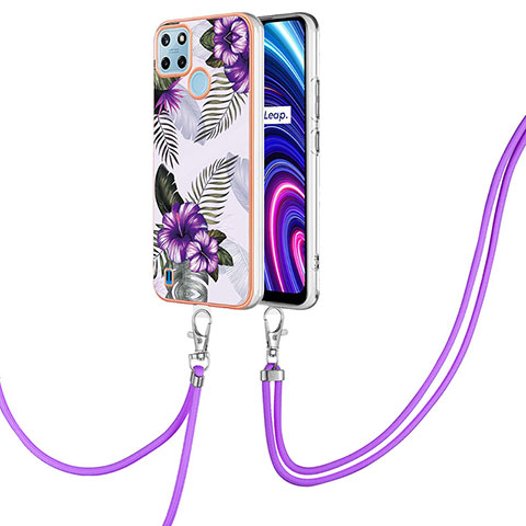 Funda Silicona Gel Goma Patron de Moda Carcasa con Acollador Cordon Lanyard Y03B para Realme C25Y India Morado