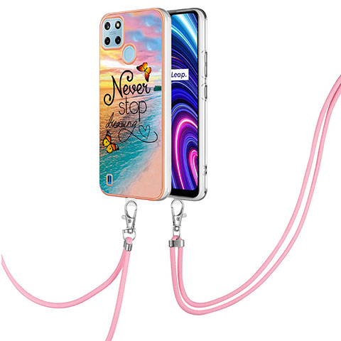 Funda Silicona Gel Goma Patron de Moda Carcasa con Acollador Cordon Lanyard Y03B para Realme C25Y Multicolor