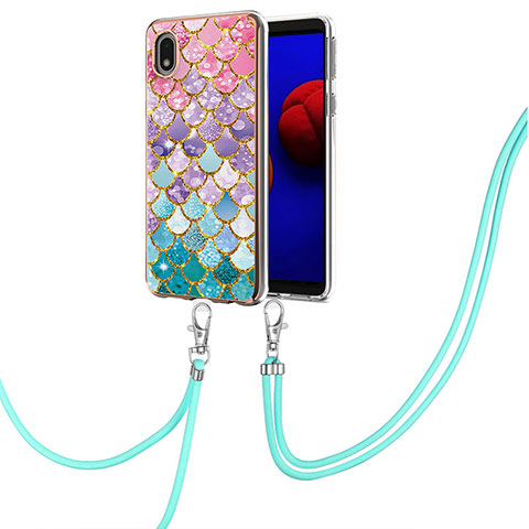 Funda Silicona Gel Goma Patron de Moda Carcasa con Acollador Cordon Lanyard Y03B para Samsung Galaxy A01 Core Vistoso