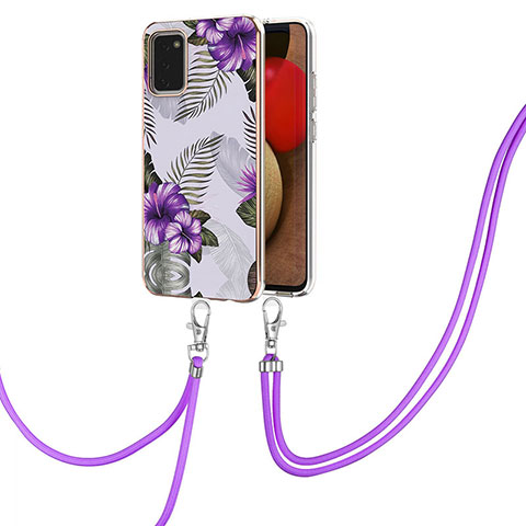 Funda Silicona Gel Goma Patron de Moda Carcasa con Acollador Cordon Lanyard Y03B para Samsung Galaxy A03s Morado