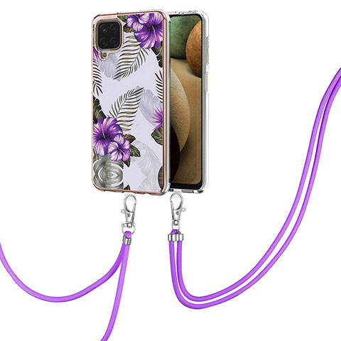 Funda Silicona Gel Goma Patron de Moda Carcasa con Acollador Cordon Lanyard Y03B para Samsung Galaxy A12 5G Morado