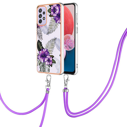 Funda Silicona Gel Goma Patron de Moda Carcasa con Acollador Cordon Lanyard Y03B para Samsung Galaxy A13 4G Morado