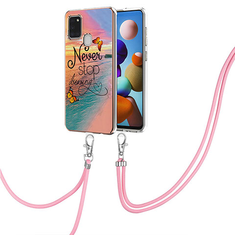 Funda Silicona Gel Goma Patron de Moda Carcasa con Acollador Cordon Lanyard Y03B para Samsung Galaxy A21s Multicolor