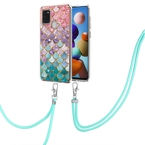 Funda Silicona Gel Goma Patron de Moda Carcasa con Acollador Cordon Lanyard Y03B para Samsung Galaxy A21s Vistoso