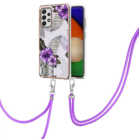 Funda Silicona Gel Goma Patron de Moda Carcasa con Acollador Cordon Lanyard Y03B para Samsung Galaxy A52 4G Morado